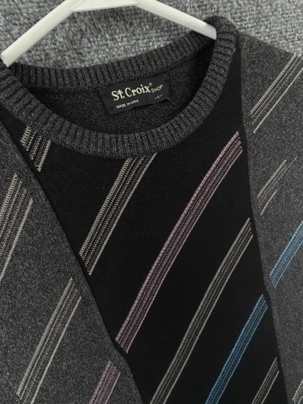 NWOT NOS St. Croix Gray Black Sweater 90s Large USA Cotton Blend Diagonal Stripe
